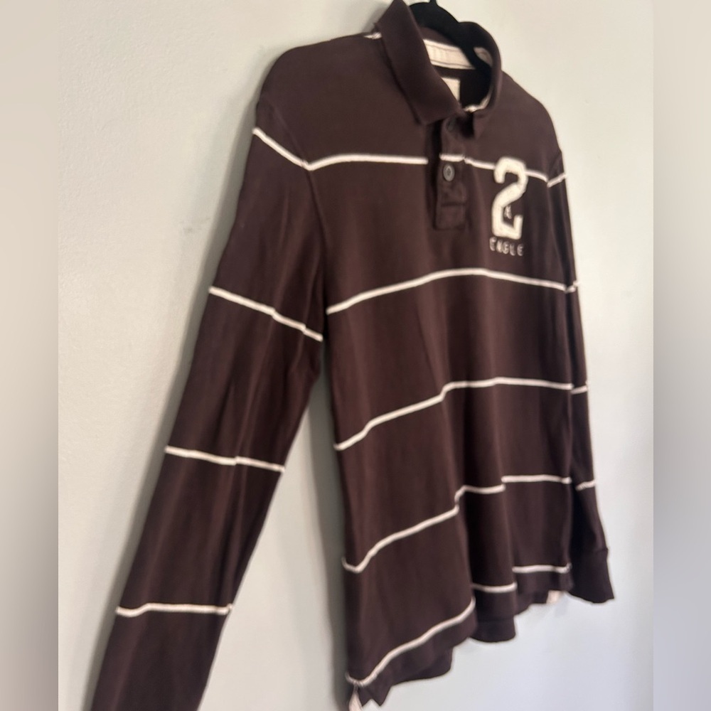 American Eagle Rugby Polo Shirt Brown Stripe Applique 2 Varsity Y2K Preppy M - Picture 2 of 4